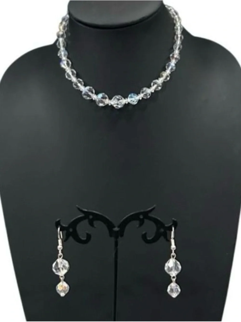 Vintage Choker Necklace & Dangling Earrings Set Clear Faceted Czech Glass Beads - Picture 9 of 10